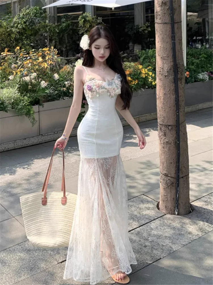 Flower Lace Mesh Patchwork Holiday Long Party Dress New Summer Women Fashion V Neck Sleeveless Seaside Beach Camis Slip Dress