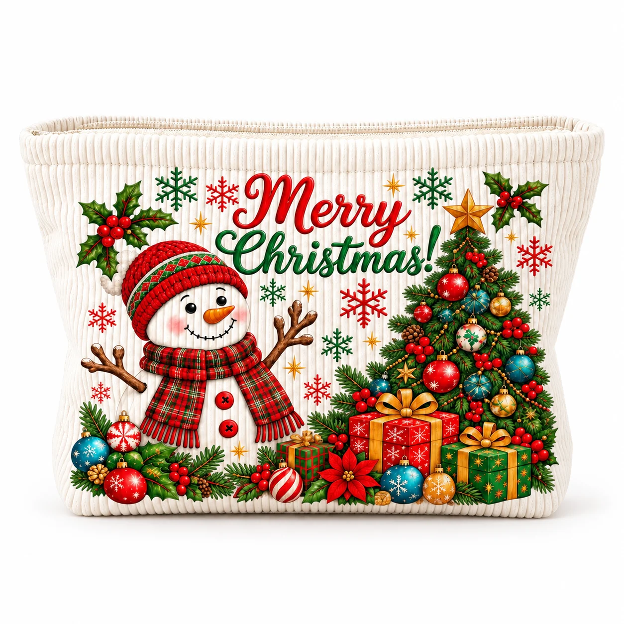 Snowman Tree Print Makeup Bag Corduroy Cosmetic Organizer Large Capacity Toiletry Pouch Portable Zipper Travel Case for Women