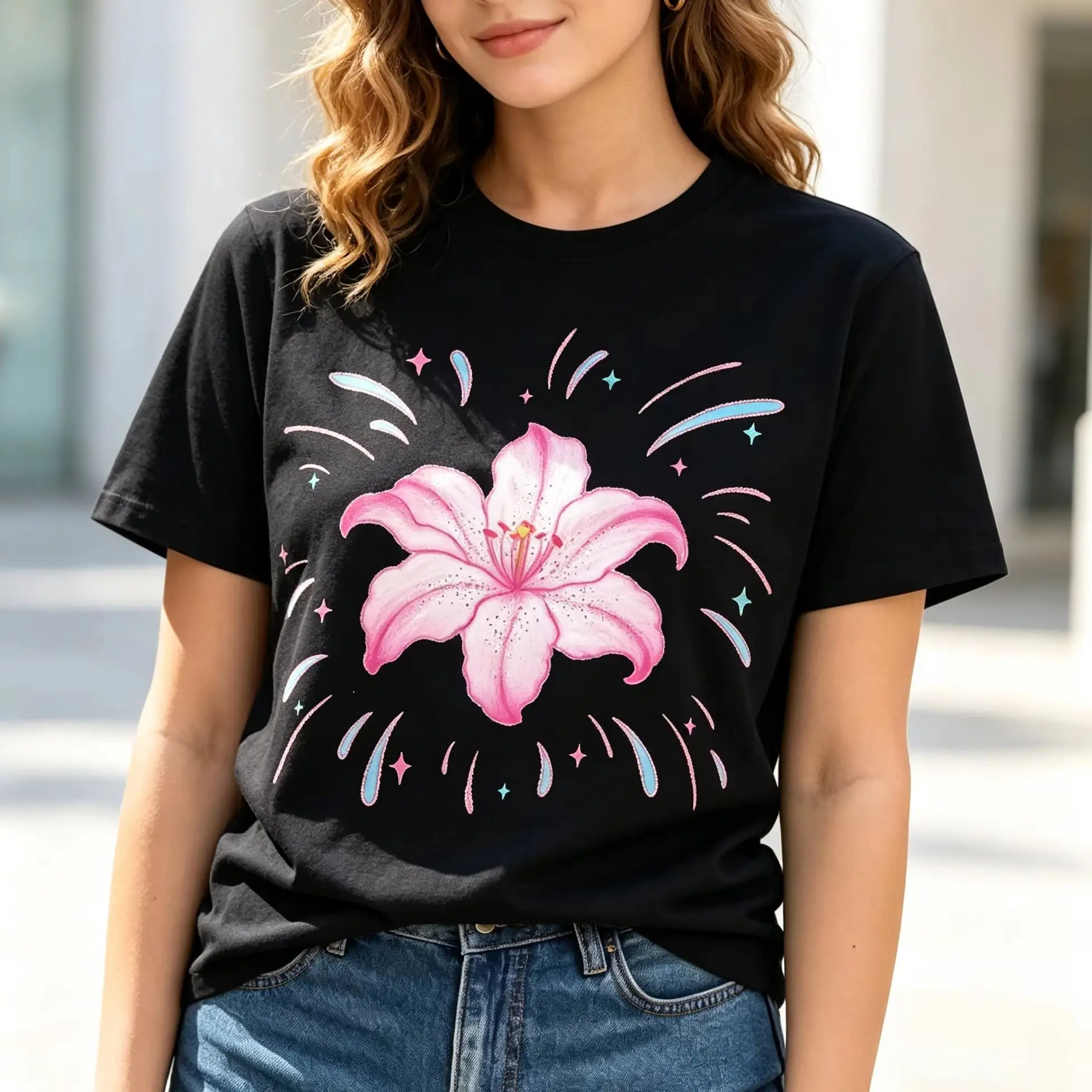 Women's Pink Lily Flower Sparkle Graphic T‑Shirt, Y2K Aesthetic Pastel Floral Star Firework Art Print Casual Short Sleeve Tops