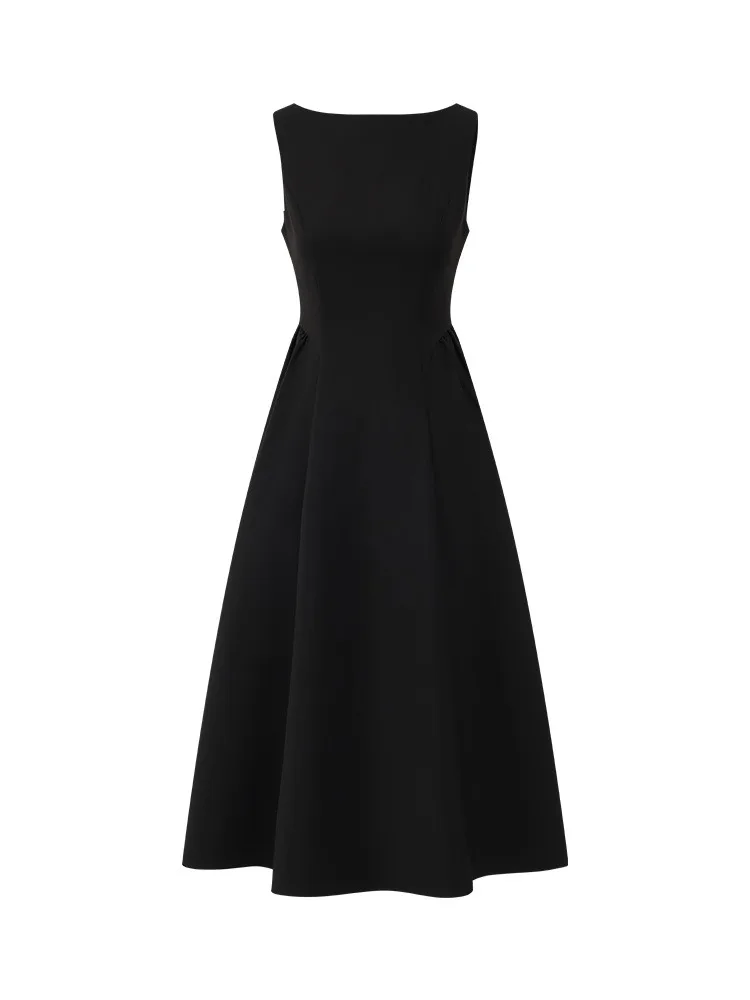 Elegant แขนกุดชุดยาวสีดําสําหรับผู้หญิง Hepburn สไตล์ปิดไหล่เอวสูง SLIM FIT ฤดูร้อน A Line Maxi Dress PARTY Work