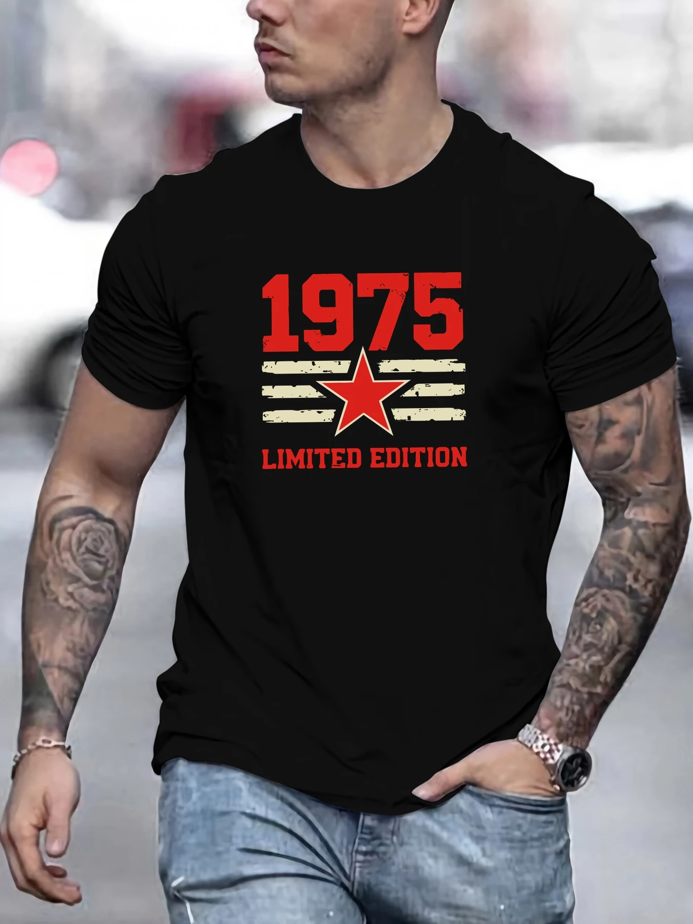 Men's T-Shirt 2025 New Arrival Vintage Chic 1975 Limited Edition Red Star Striped Retro Print Stylish Top Daily Casual