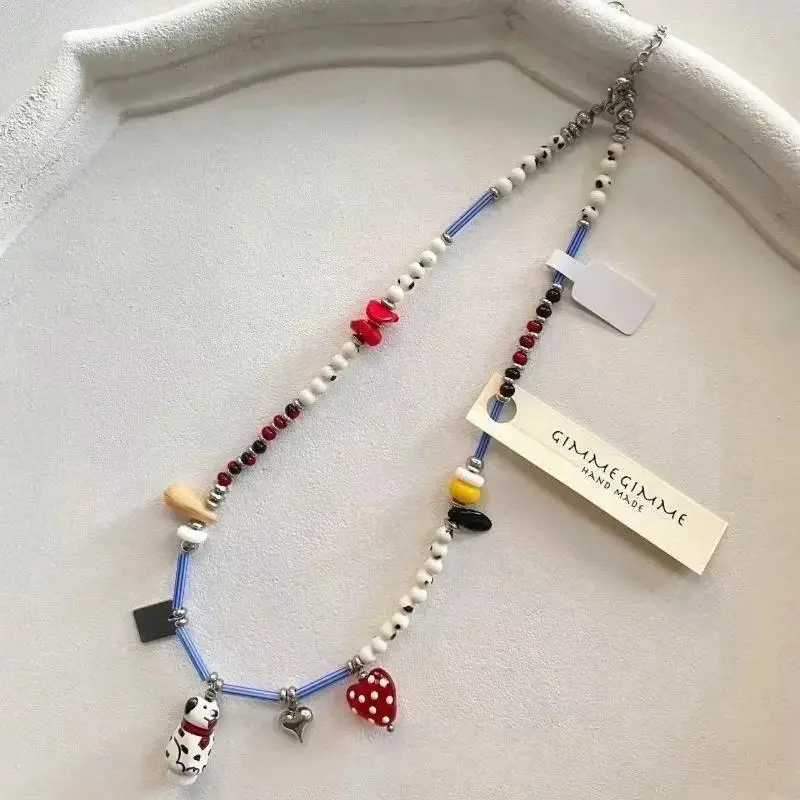 Black and White Beads Dalmatian Puppy Necklace Handmade Choker Length Puppy Pendant Choker Cute Pendant Dog Lover Jewelry