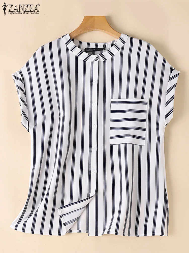 ZANZEA Harajuku Stripes Short Sleeve Shirt Women Formal Blouse 2024 Summer Buttons Pocket Tops Korean Fashion Office Loose Tunic