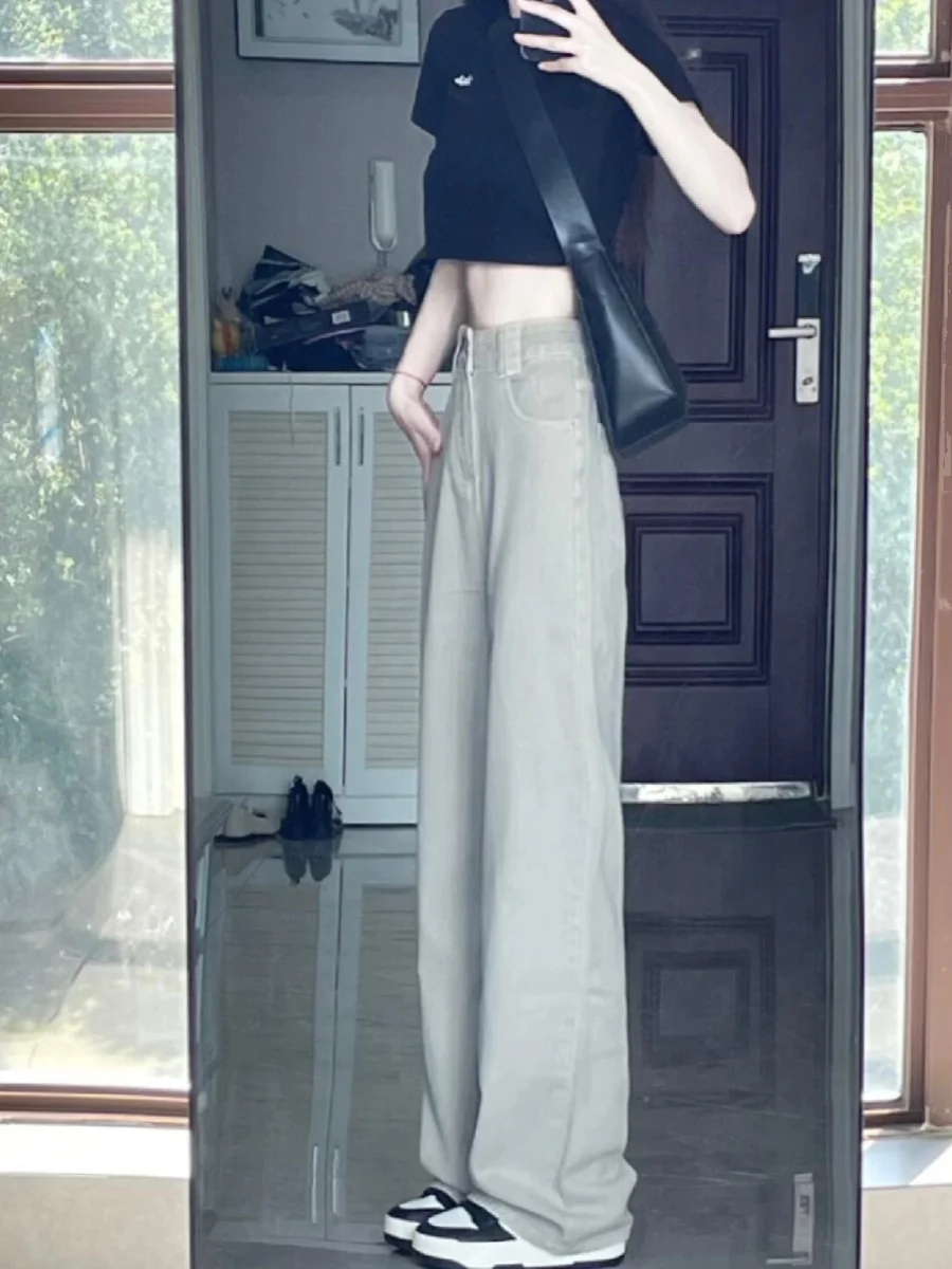 

Джинсы цвета хаки с высокой талией, женские тонкие широкие брюки, прямые брюки длиной до пола, осенние свободные брюки с эффектом похудения