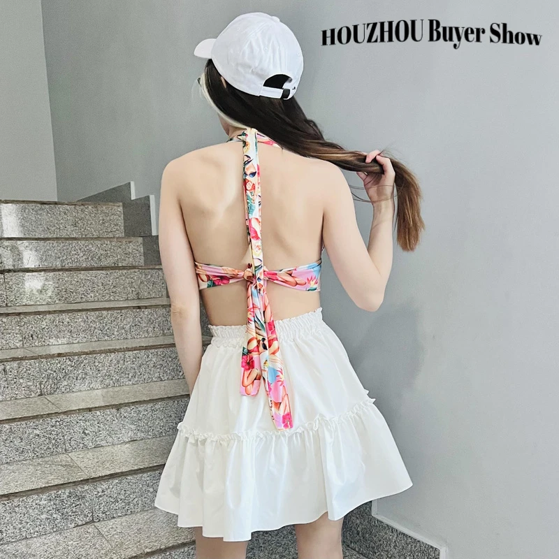 HOUZHOU Kawaii Cute Mini Skirt Women Korean Fashion Patchwork Fairycore High Waist Fluffy White Skirt Vacation Outfits Summer