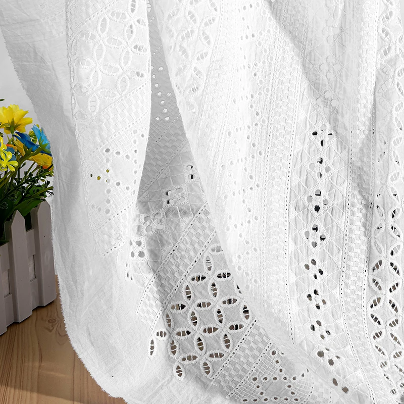 White Hollow Embroidery Lace Fabric, 100% Cotton, Wedding Dress, Fashion Clothing, Skirt Fabric