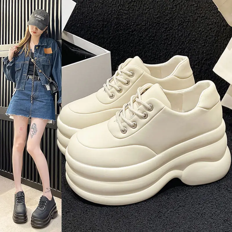 

Thick Bottom Lace up Muffin Women's Leather round Head Pumps 2023 New Autumn Small White High-Heeled Shoes