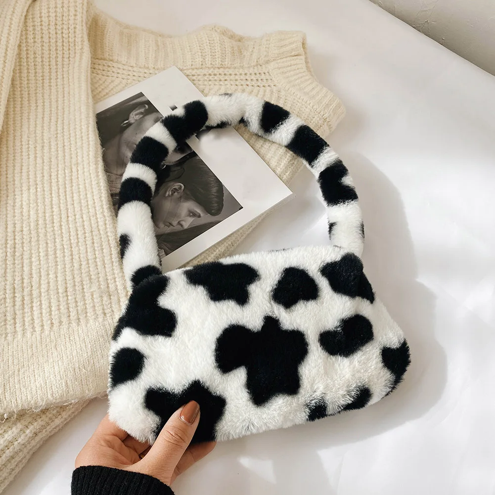 Luxury Women Cow Print Mini Shoulder Bags Winter Plush Underarm Bags Leopard Zebra Pattern Fluffy Tote Bags Female Small Purses