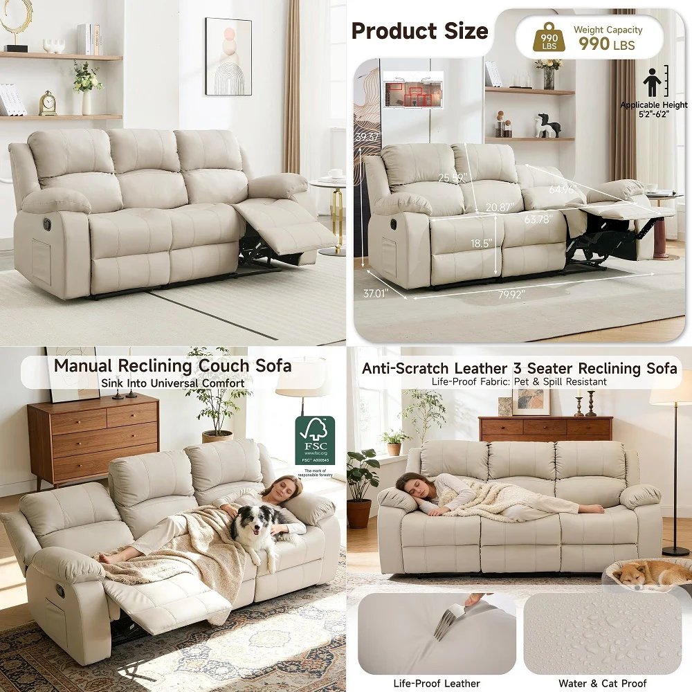 

Recliner Sofa Set, Manual Reclining Sofa with Overstuffed Armrest for Living Room,Bedroom Furniture,Office,3 Seat Light Brown