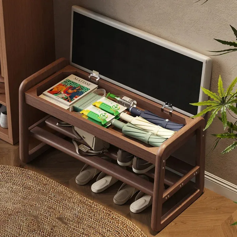 Light luxury solid wood shoe changing stool, flip storage box, solid wood shoe cabinet at the entrance, soft bag cushion bench