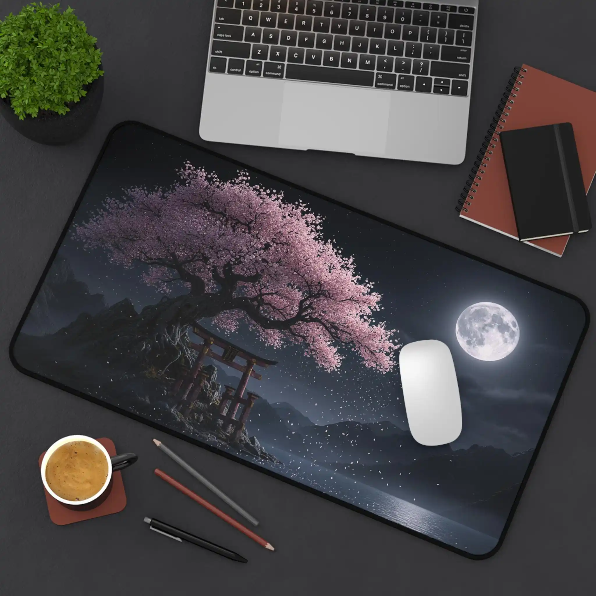 Sakura Moon Desk Mat, Japanese-style Cherry Blossom Night Moon Mouse Pads, Cute Aesthetic Home Office Decorative Mouse Pad