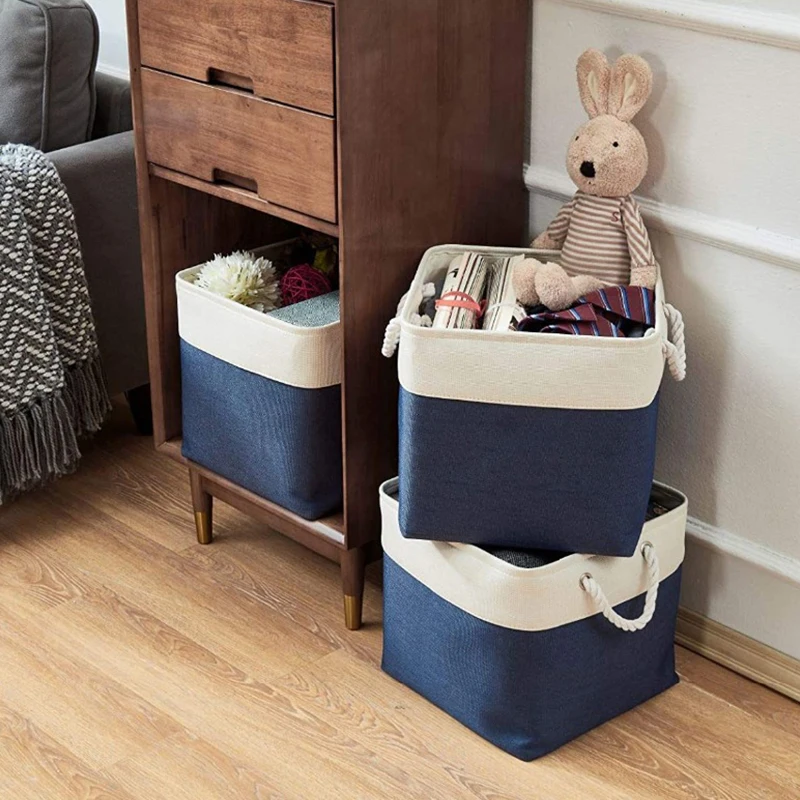 

1PC Cotton Linen Fabric Storage Basket Cube Folding Storage Basket With Handles