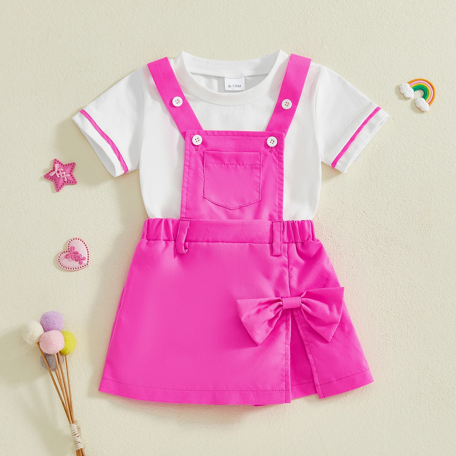 0-4Y Toddler Girls 2Pcs Summer Outfits Short Sleeve t Shirt Tops Bowknot Overalls Dress Set Sweety Kid Clothes Set