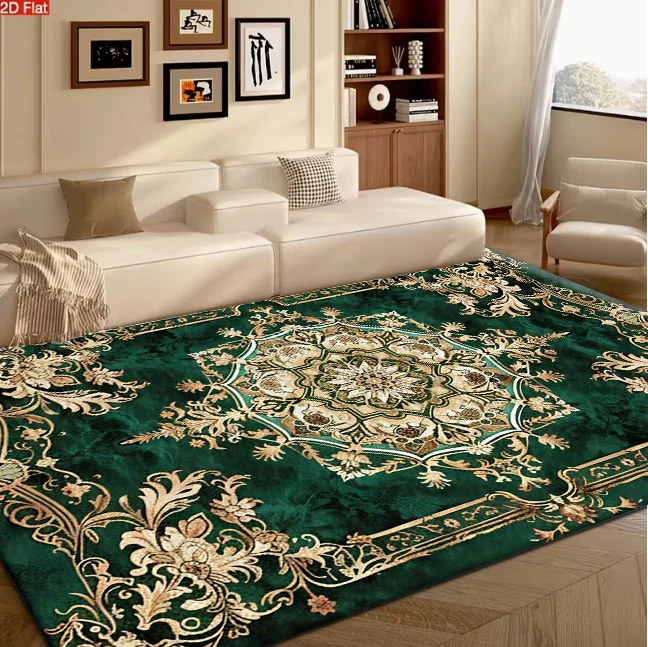 Green Gold Vintage Luxury Medallion Area Rug European Style Living Room Floor Carpet Decor