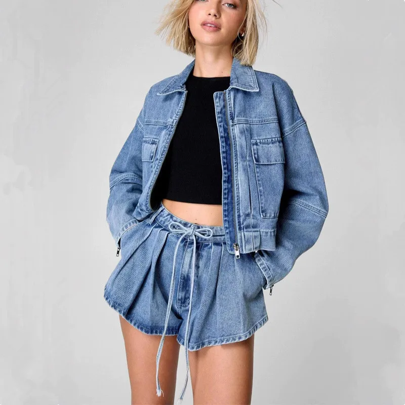 

2025 Spring New Two Piece Set Women Jeans Set Long Sleeve Cowboy Coat Women's Loose Casual Multi Pocket Shorts Set
