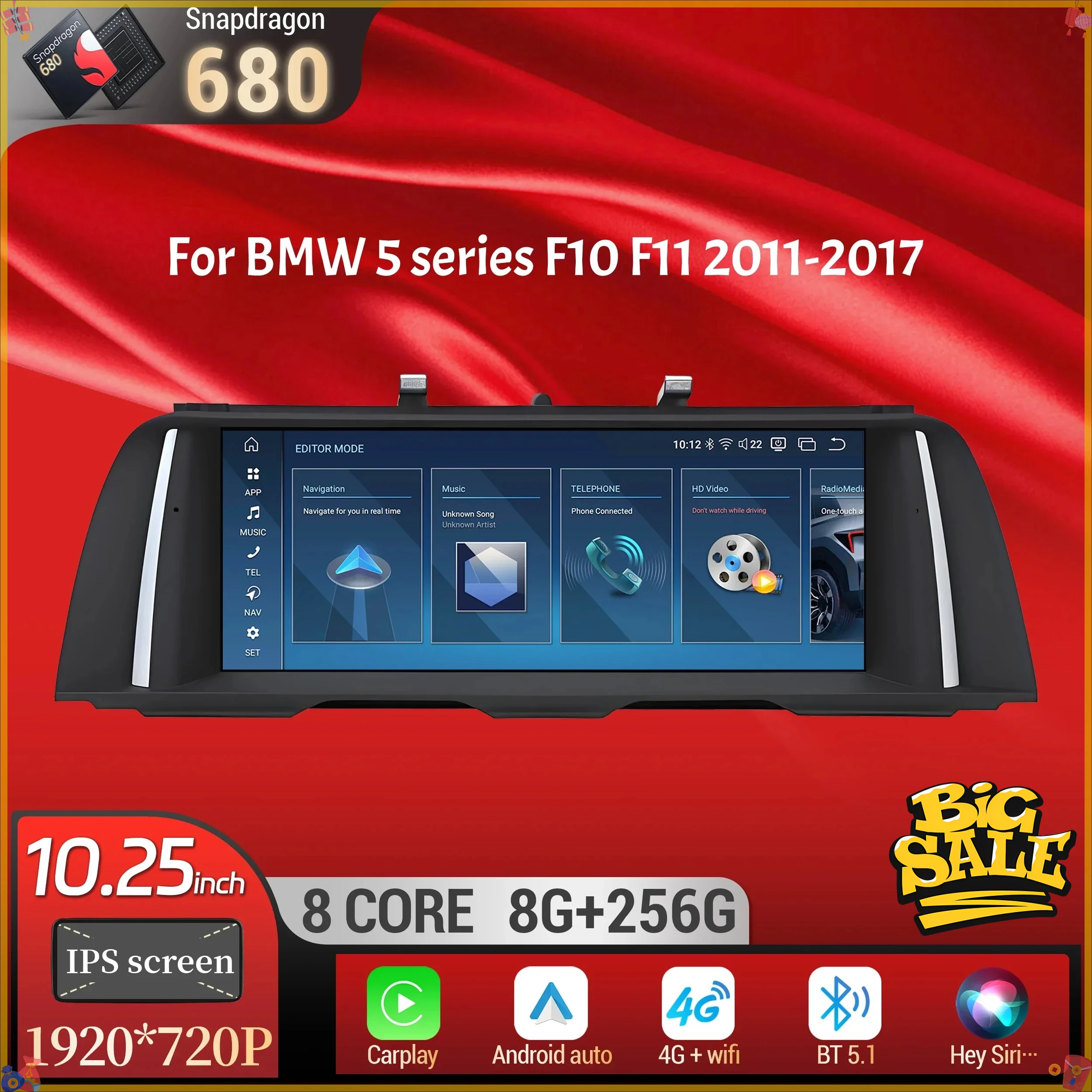 10.25 inch For BMW 5 series F10 F11 2011-2017 Android 14 Car Radio Wireless Bluetooth Carplay Snapdragon 680 Head Unit Screen