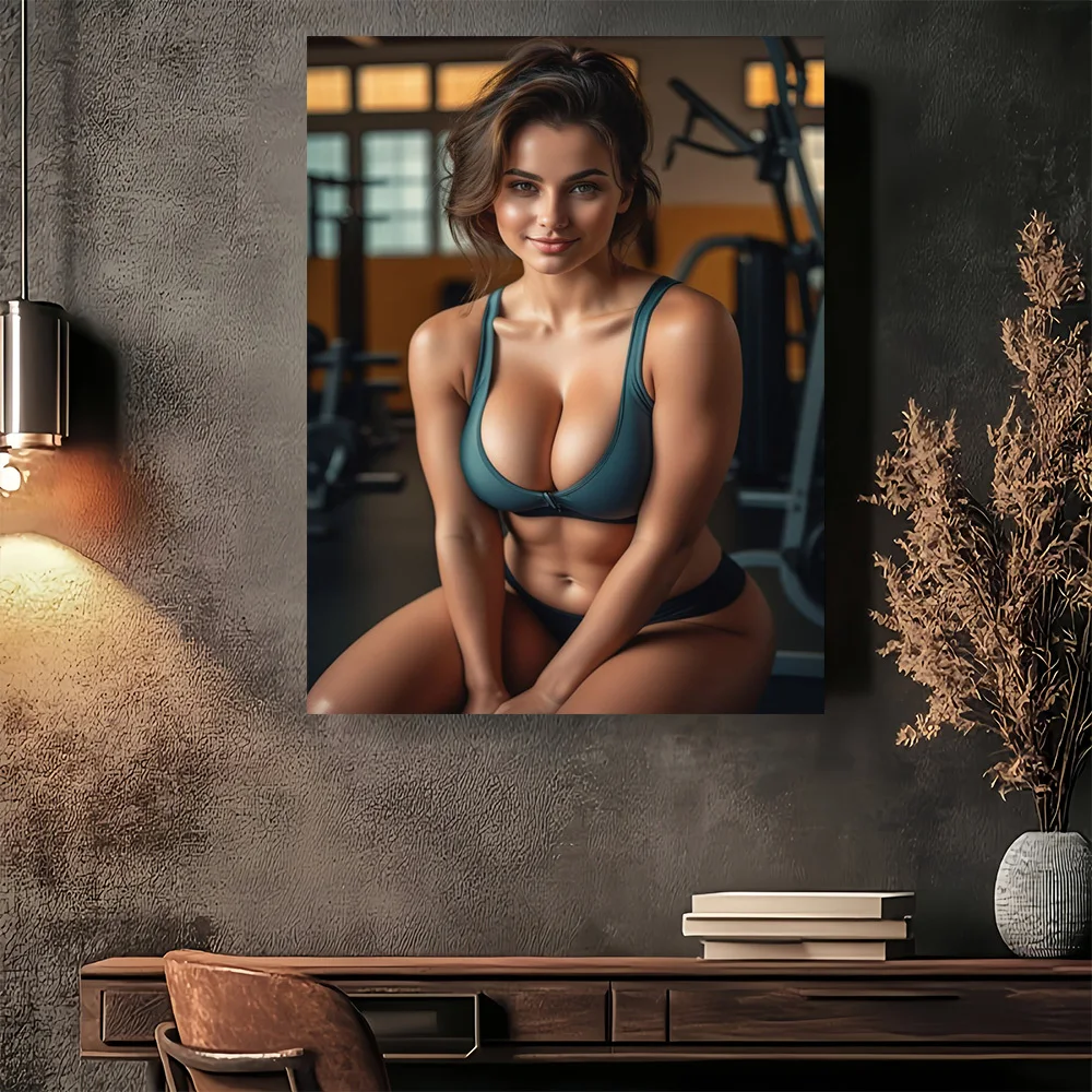 Vintage Sexy Fit Woman In Teal Sports Bra Gym Portrait Retro Metal Tin Sign, Rustic Distressed Athletic Pin Up Wall Art Decor, P