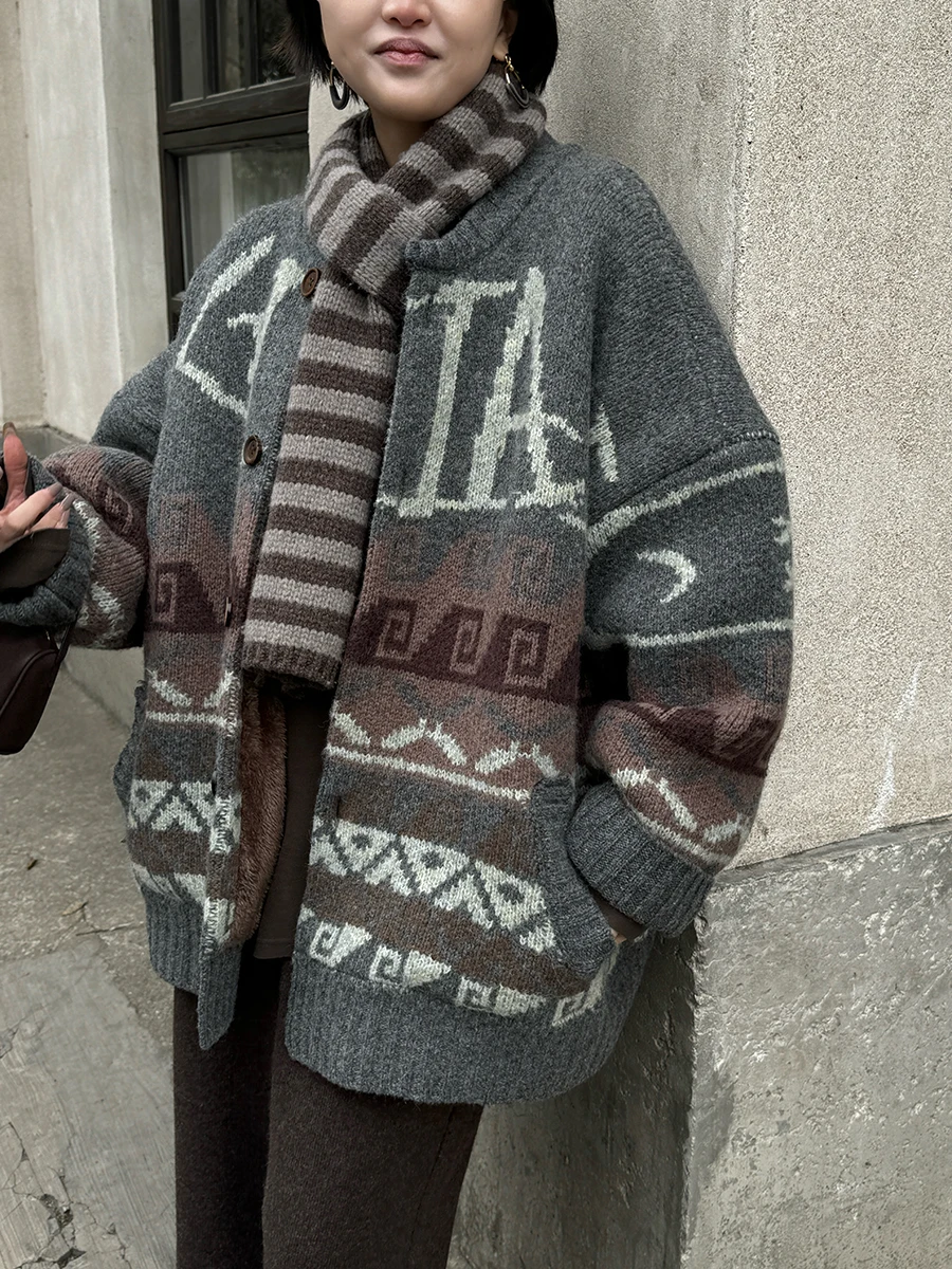 

Owi Polar Fce Lined Knitted Baseball Jaet Sle Open Cardigan Heavy Weight 450g Retro Texture Flower Pattern Women's ...