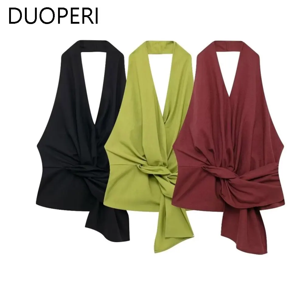 DUOPERI Women Fashion Solid Pleated Backless Tops Camisole Halter Neck Sleeveless Female Chic Lady Casual Tops Tank