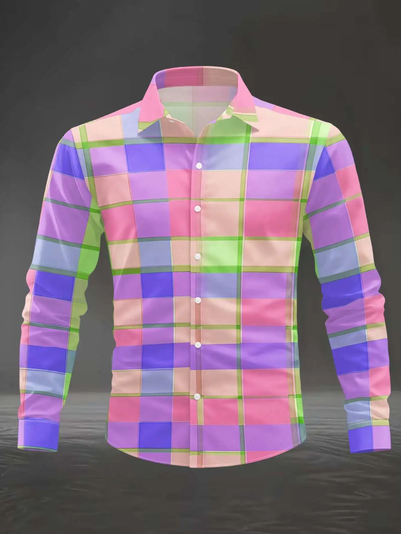 Men Long Sleeve Button‑Up Shirt Colorful Pastel Plaid Check Lapel Holiday Daily Casual Tops