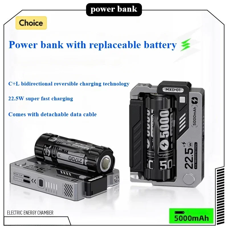 Banco de energía de 20000mAh, batería reemplazable extraíble, cargador de batería externo de carga rápida de 22,5 W para iPhone, Samsung y Huawei