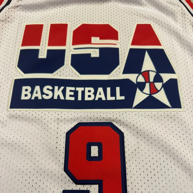 Camisetas de baloncesto de alta calidad, jersey bordado de costura, ropa deportiva para exteriores, blanco y azul, EE. UU., 23, 9, 1992