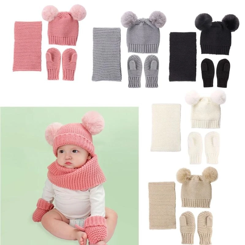 

J15U Toddler Winter Cartoon Hats Gloves Scarf Set Knitted Beanie Soft Warm for Child