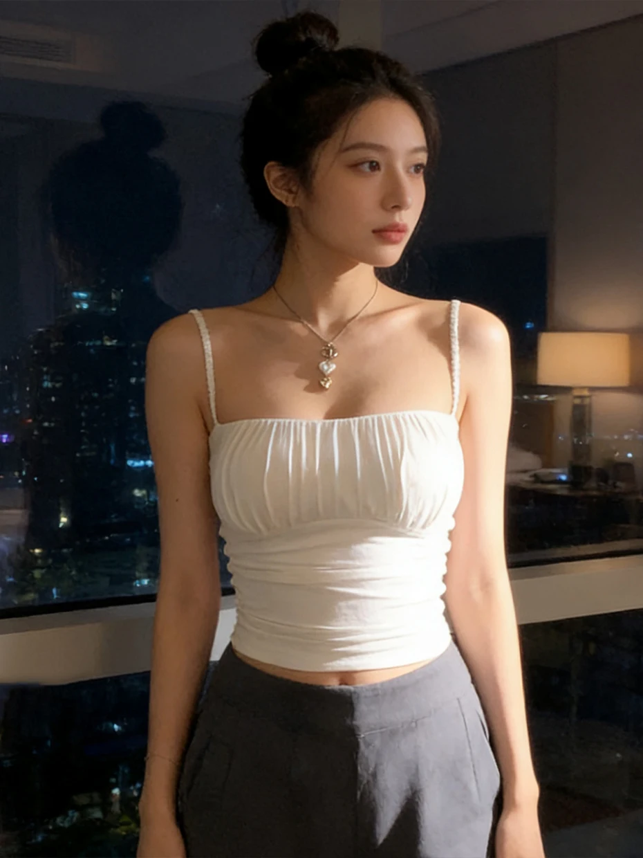 White Cotton Blend Halter Neck Vest Women's Short Sexy Slim Fit Beautiful Back Bra Integrated Inner Wear Top with Chest Pad