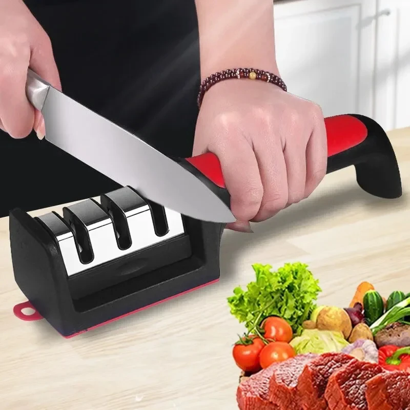 Afilador de cuchillos de 3/4 segmentos de cocina, Piedra afiladora negra, multifuncional de mano de uso 3/4