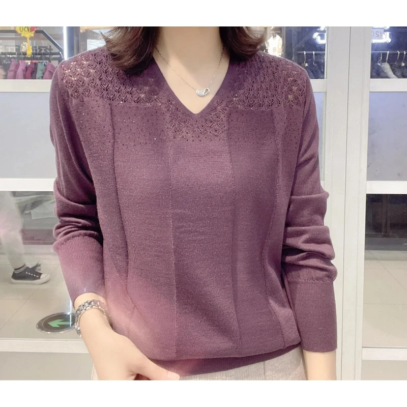 Women\'s Clothing Solid Color Pullover Long Sleeve Round Neck Sweater Knitted Elegant Casual Hollow Out Spring Autumn Tops