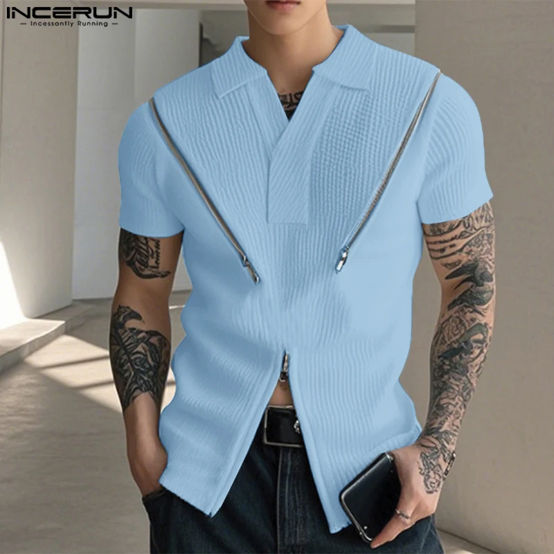 

INCERUN Tops Korean Style Fashion Men's Deconstructing Metal Zipper Texture Shirts Summer Streetwear Lapel Short Sleeved Blouse
