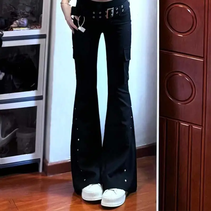 الأمريكية هوتي ريترو غسل الأسود بانت المرأة القوطية السراويل الطويلة ربيع الخريف Harajuku منخفضة الخصر سليم مضيئة السراويل Y2K الشارع الشهير #3