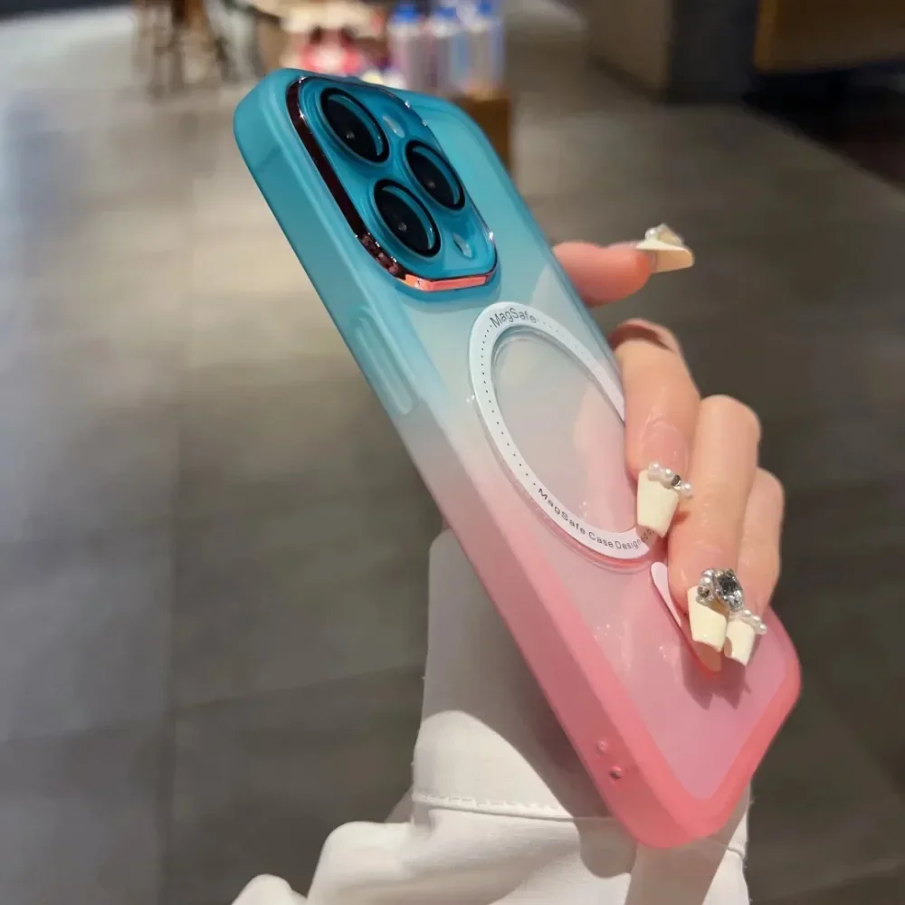 حافظة لهاتف MagSafe مغناطيسية متدرجة اللون بألوان قوس قزح لهاتف iPhone 17 Air 16 Pro Max 15 14 Plus 13 12 غطاء شحن لاسلكي