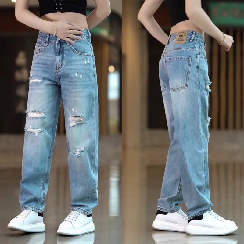 

Мужские джинсы премиум-класса в американском стиле, с эффектом потертости, из хлопка, повседневные, прямые, свободного кроя, для городского стиля