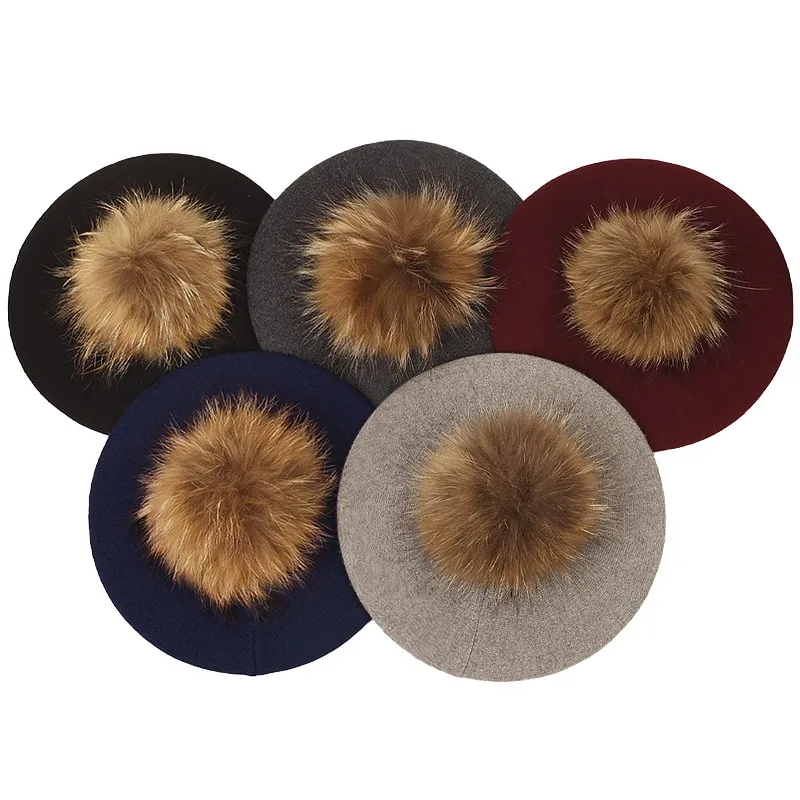 Women Casual Autumn Winter Berets Hat Knitted Wool Beret Ladies Angola Cashmere Beret Hat Female With Real Raccoon Fur Pom Pom