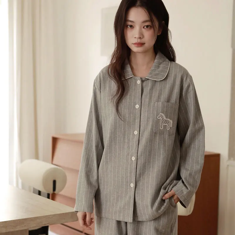 Couple 100% Cotton Flannel Pajama Set Embroidered Horse Warm Striped Sleepwear Women Men Double Brushed Home Loungewear