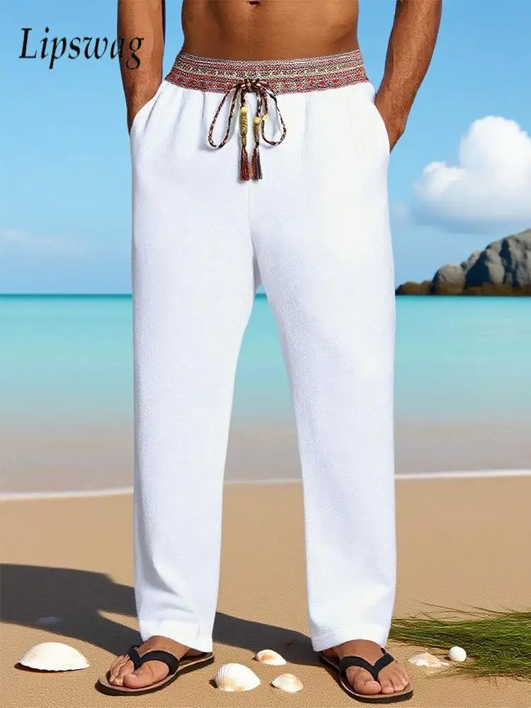 

Outdoor Casual Mens Loose Linen Trousers 2025 Fall Vintage Patchwork Lace-up Men's Linen Pants Leisure Breathable Straight Pants