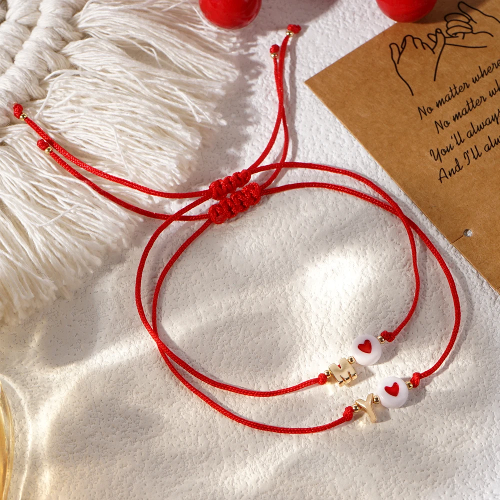 Shinus 2 PCS Handmade Warm Couple Gifts with Card Set 2024 Fashion Simple Red Rope Letter Heart Stack Bracelets for Her His