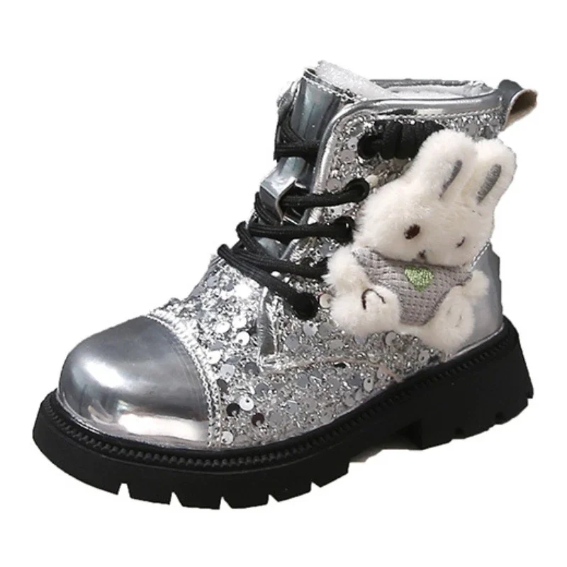 

Children's Short Boots 2024 Autumn New Fashion Girl Princess Leather Boots Sequin Cute Rabbit Kid's Casual Ankle Boots