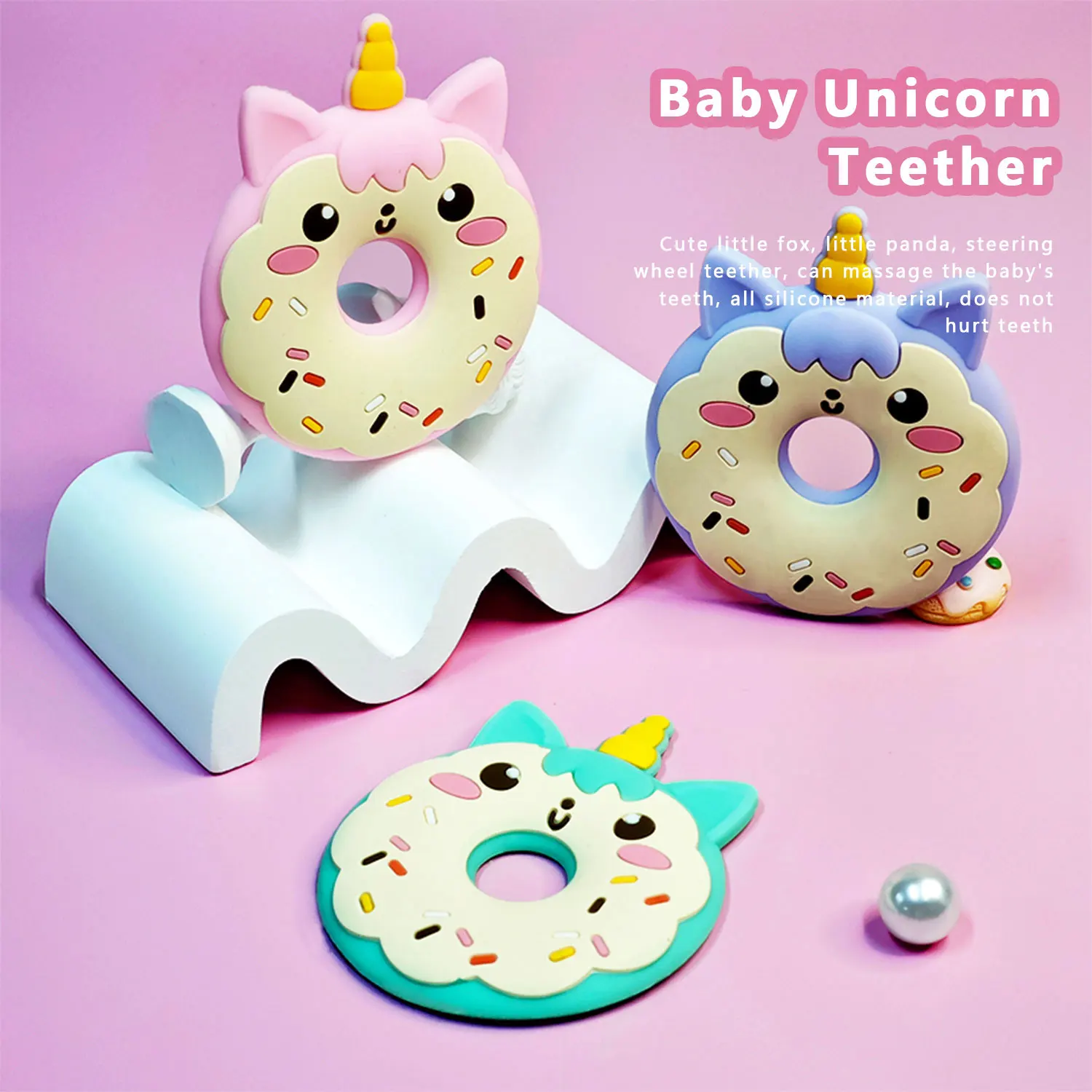 8 types Teething essential teethers, suitable for (3-12 months baby), donut unicorn shape design, silicone material teethers