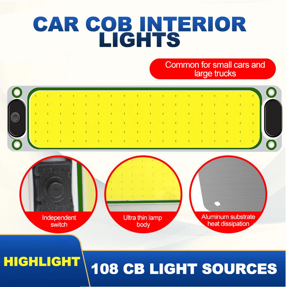 LED 12-24V Car Interior Lighting Reading Night Strip Light Interior Light Ceiling Lamp with On Off Switch for Van Lorry Truck