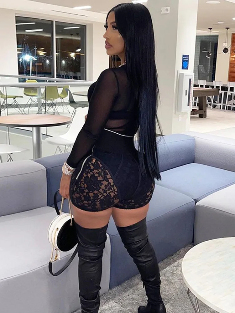 Sexy Lace Patchwork Corset Shorts Pants Summer  Women Letter Zipper Leggings  See Through Short  Trousers
