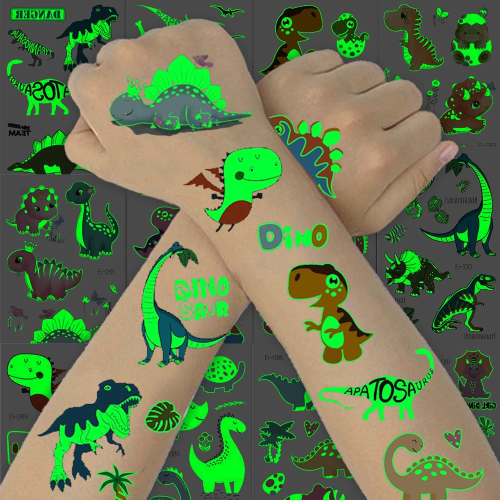 12 ورقة تتوهج في الظلام ديناصور الوشم مقاوم للماء المؤقتة T-ريكس التيروصور الاطفال هيئة الفن لوازم الحفلات تخزين ستوفير جودي