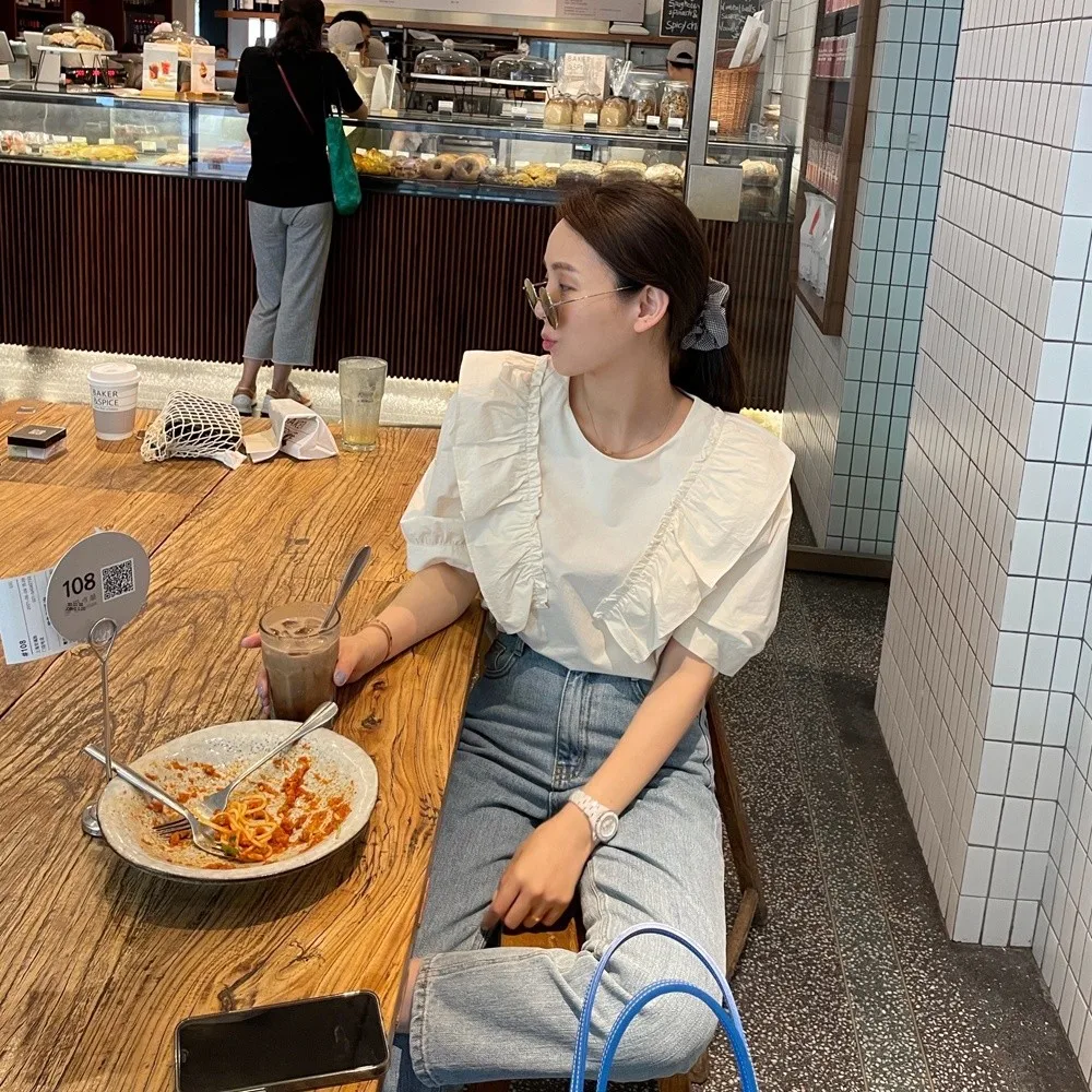 

Дизайнерская женская блузка-рубашка с круглым вырезом, тонкая, однотонная, в корейском стиле, для офиса, прямого кроя, весна-новинка