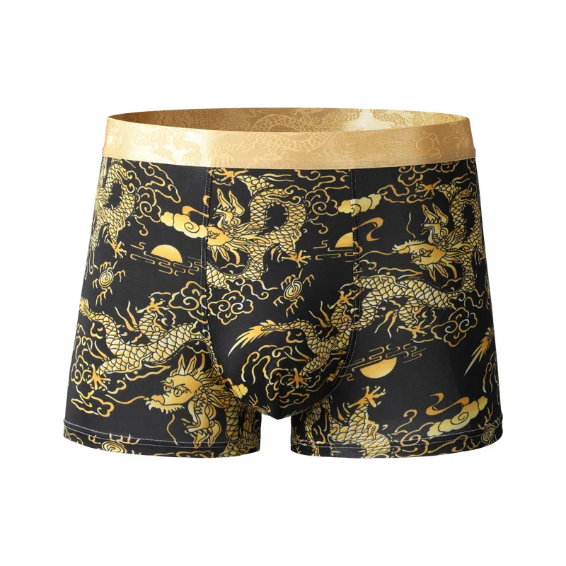 Men Trunks Chinese Dragon Printed Ice Silk Underwear Extra Plus Size Bulge Pouch Boxer Breathable Summer Underwear Slip Homme