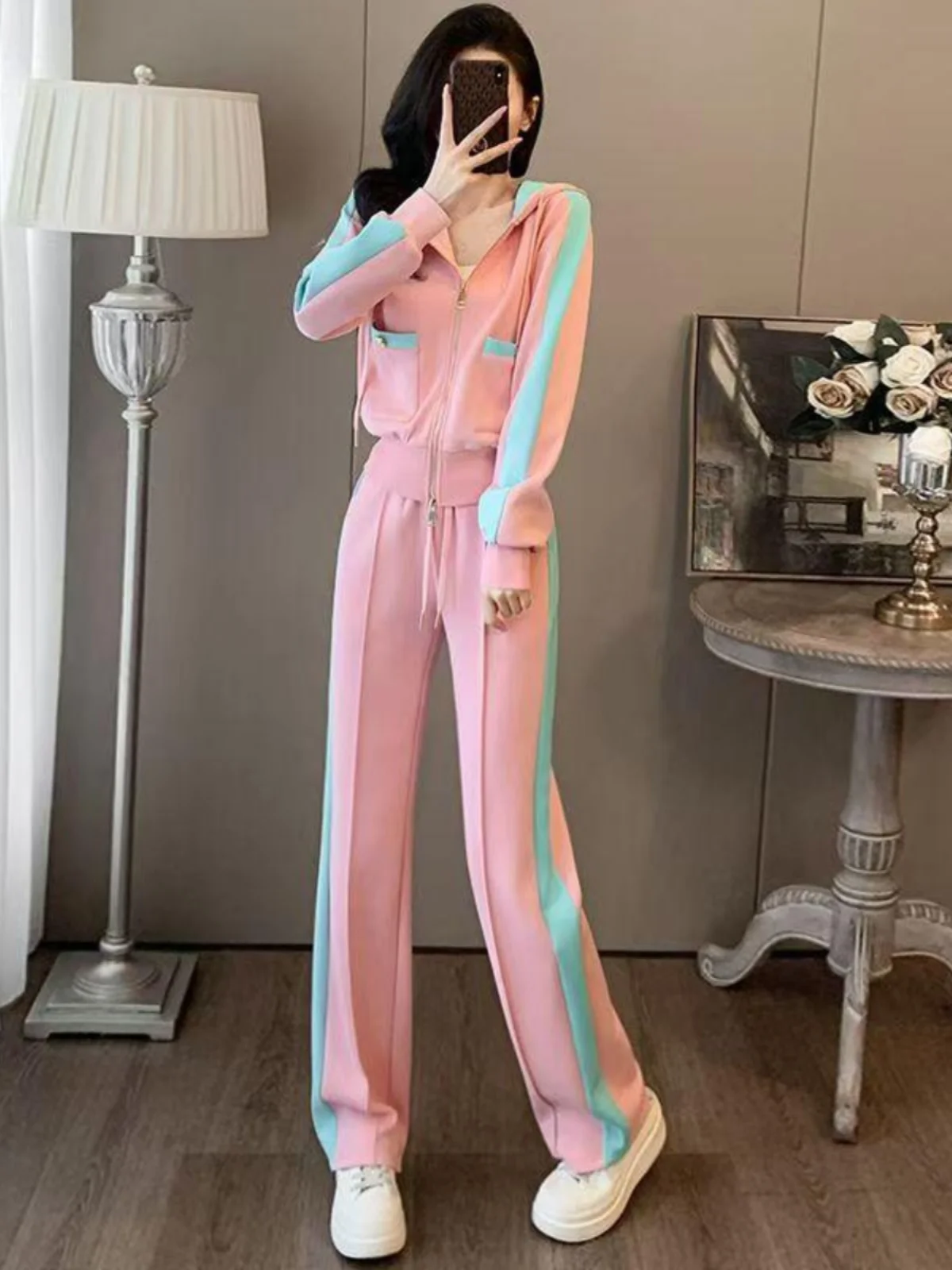 

Casual Sporty Straight Leg Pants Set for Women High Waist Long Pants Korean Style Fashion plus Size Autumn Season Color