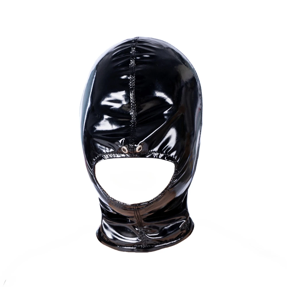 Black Elastic Glossy PU Leather Open Mouth Hood Adult Game Bondage Mask Cosplay Performance Headgear Punishment Restraint