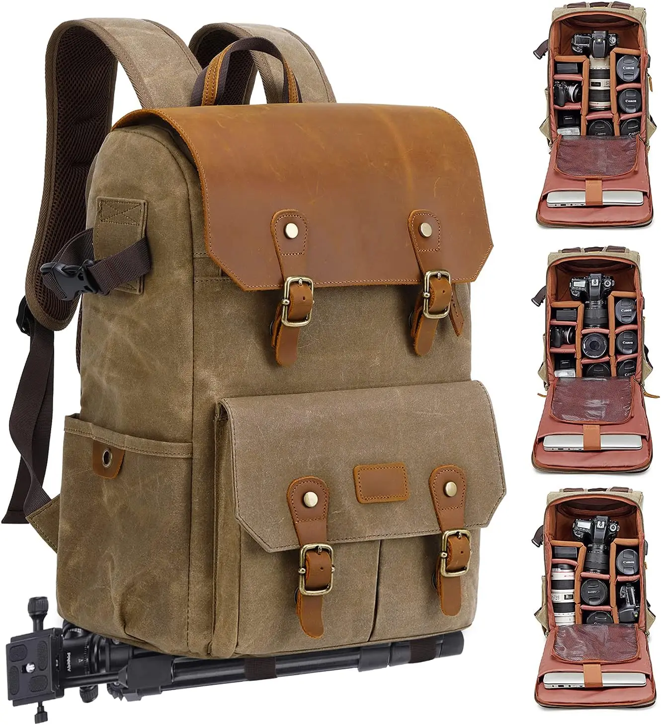 Vintage Waxed Canvas Camera Backpack, Water-Resistant, 15.6" Laptop Sleeve, Tripod Holder for Photographers