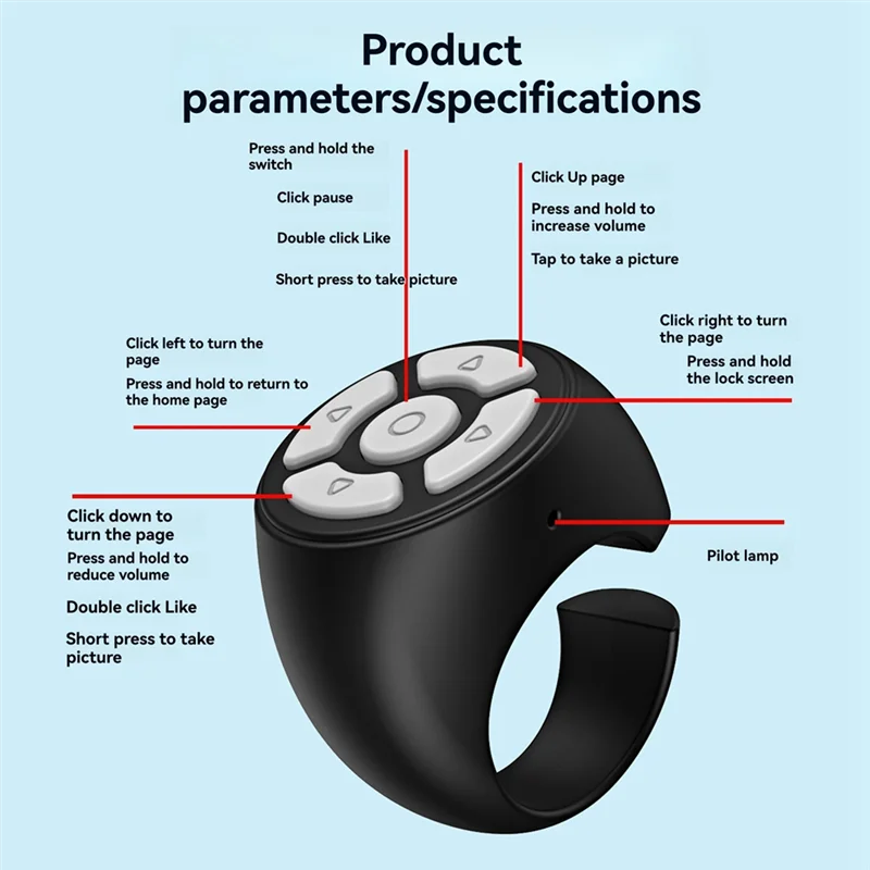 タブレットおよび電話用 Bluetooth リモコン カメラ コントローラー セルフ タイマー ソーシャル メディア ページ ターナー ブラック-TCES