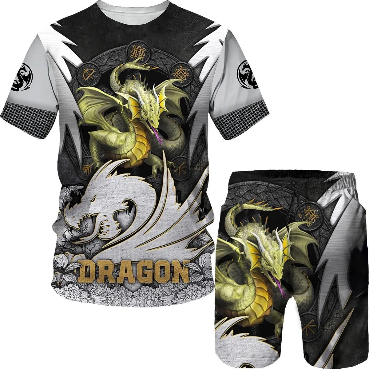 2024 New Men\'s T-shirt Shorts Tracksuits Set 3D-Printed Vintage Dragon Print Streetwear T-shirt Two-Piece Summer Set